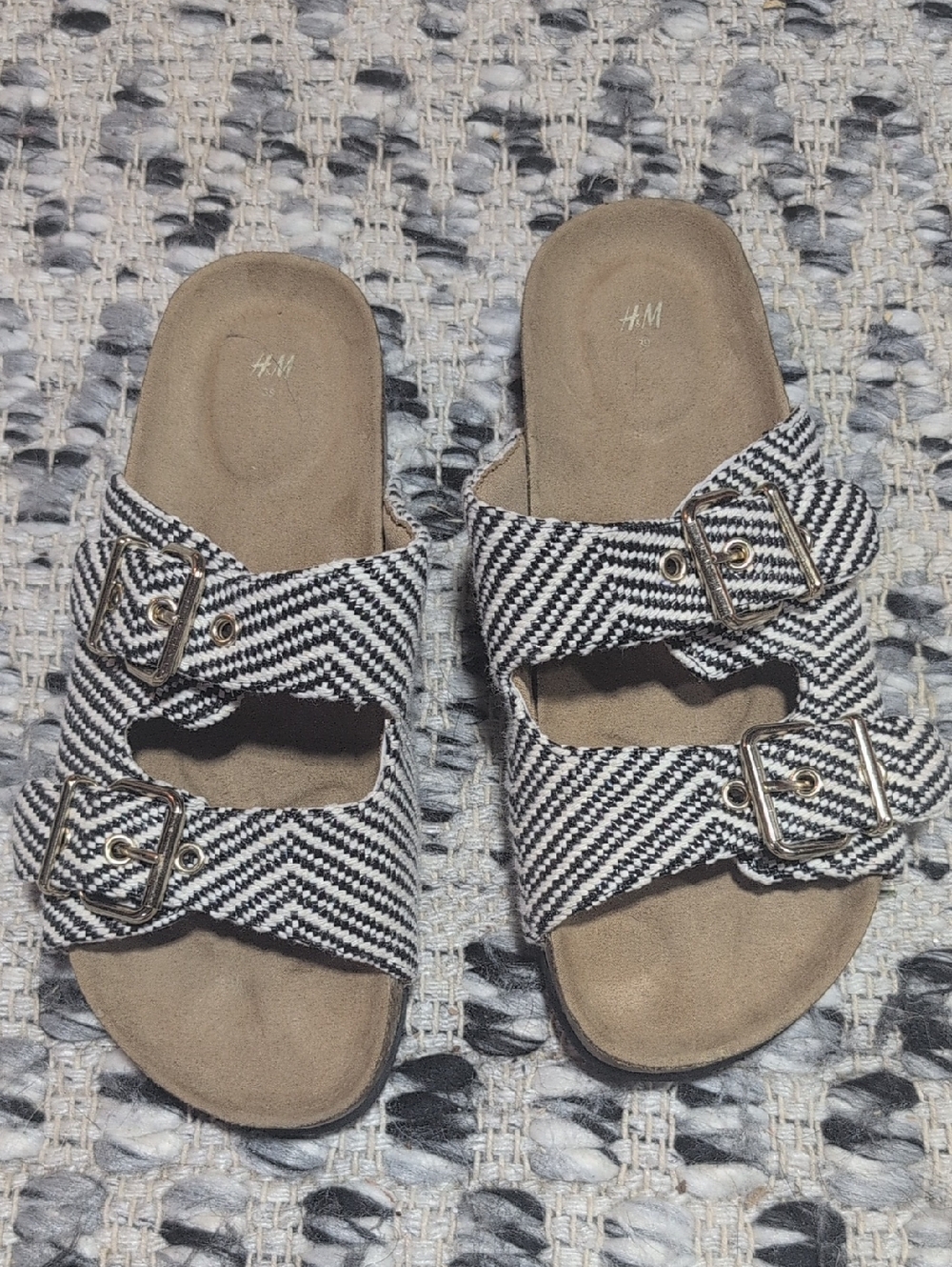 H&M Black & White Chevron Double-Buckle Slide Sandals